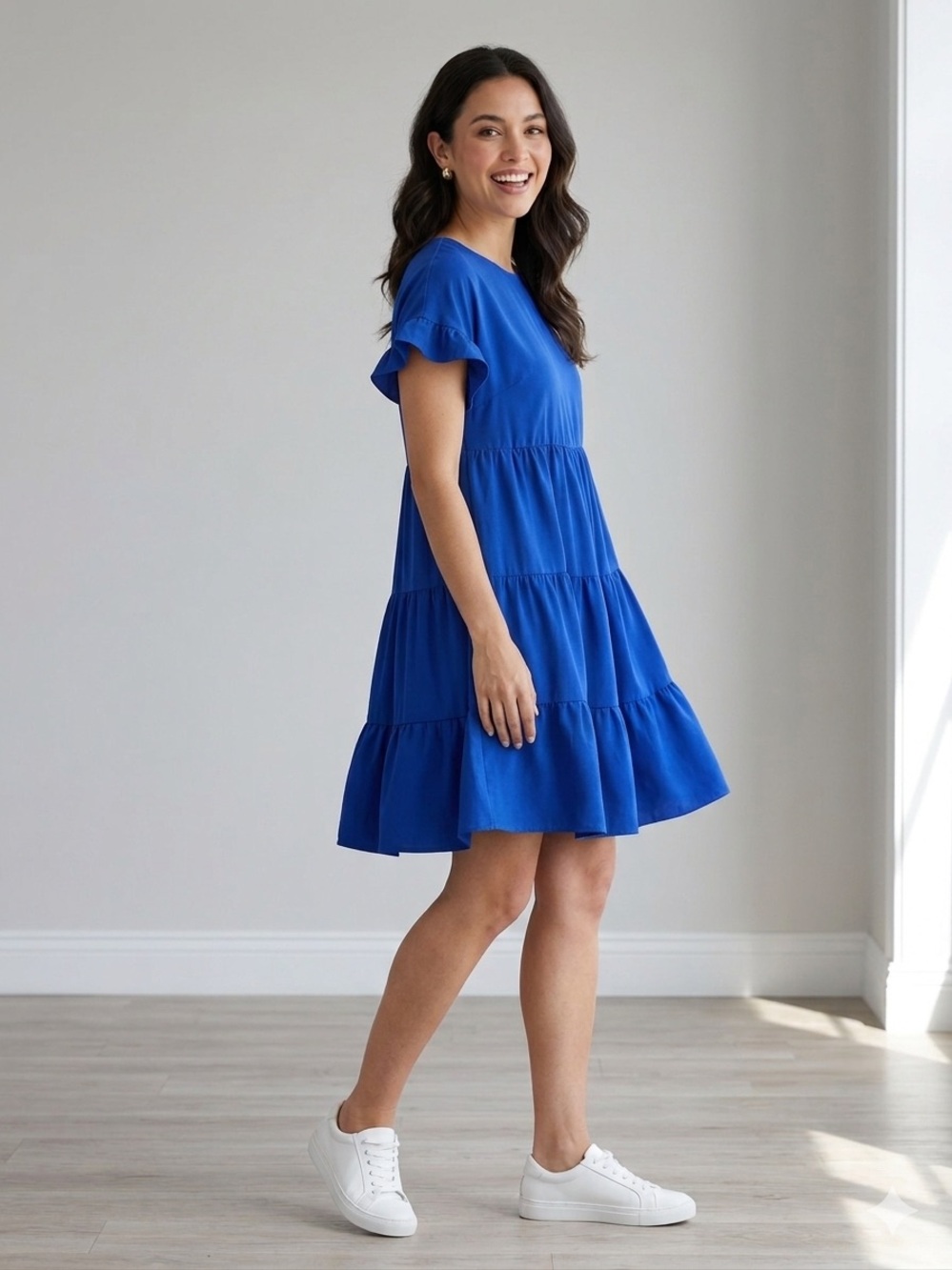 Royal Blue Tiered Ruffle Sleeve Dress, women’s size small, short sleeve mini